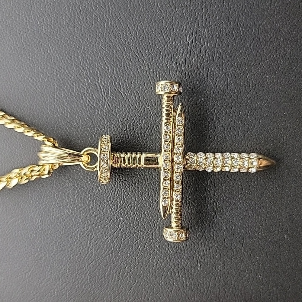 22" Gold Tone Curb Cuban Link Necklace Nail Cross Bling Pendant 73